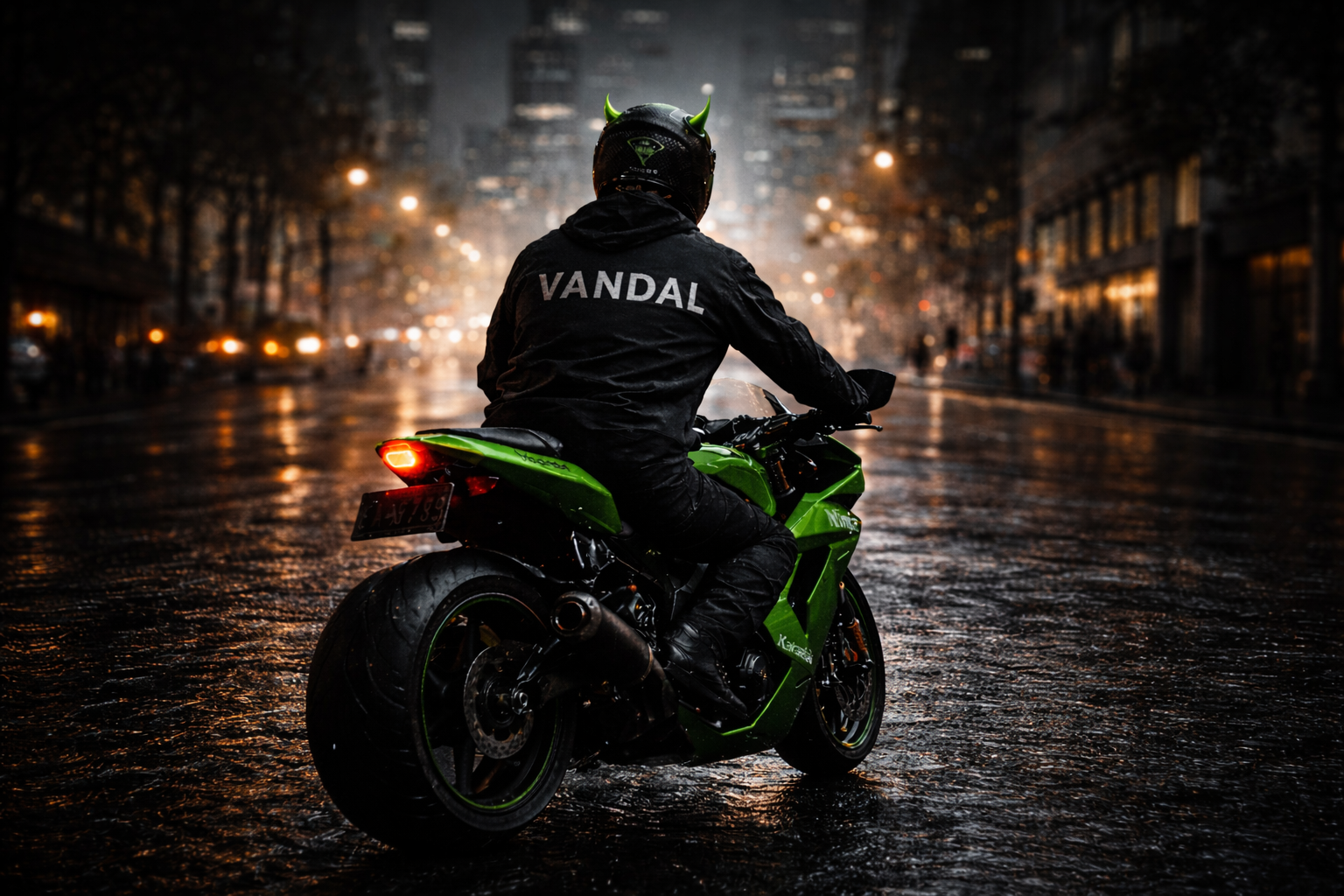 Person wearing a black jacket with 'VANDAL' on it riding a green motorcycle in a dark, city street.