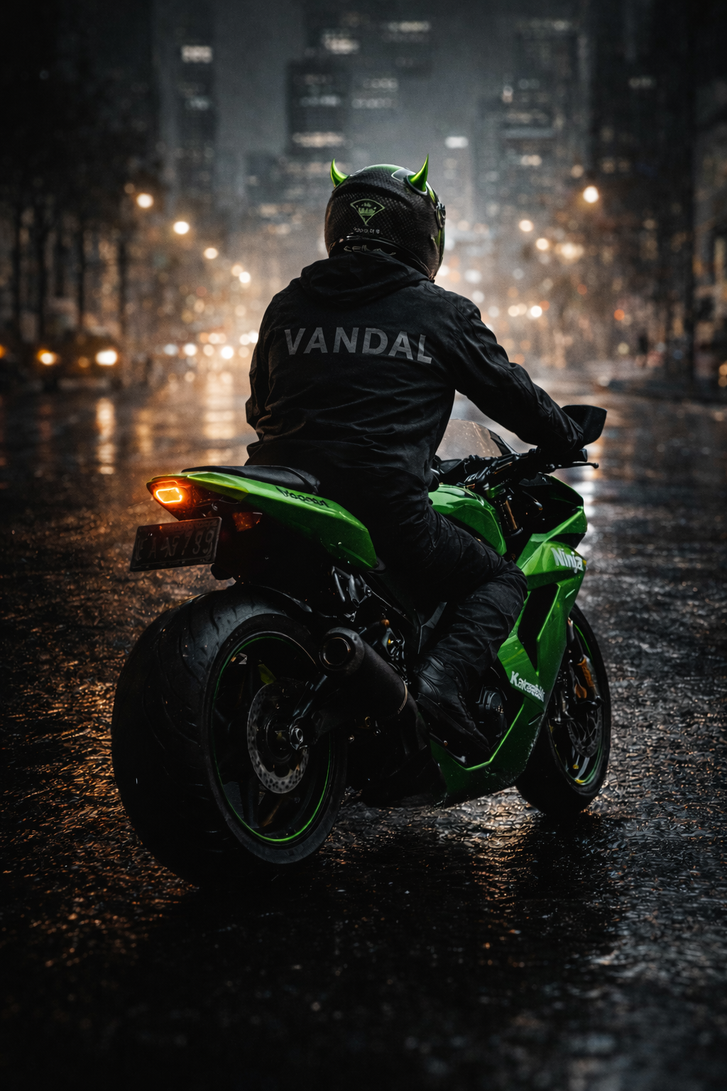 Person riding a green motorcycle on a rainy city street with 'Vandal' branding.